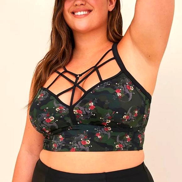 ❤️NWT VINTAGE TORRID SWIM BIKINI TOP WIRELESS CAGE FRONT - SKULL CAMO ROSES - Picture 8 of 10